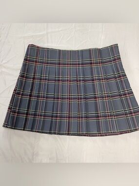 No Boundaries Navy Plaid Pleated Mini Skirt with gray Pink & Yellow Stripes